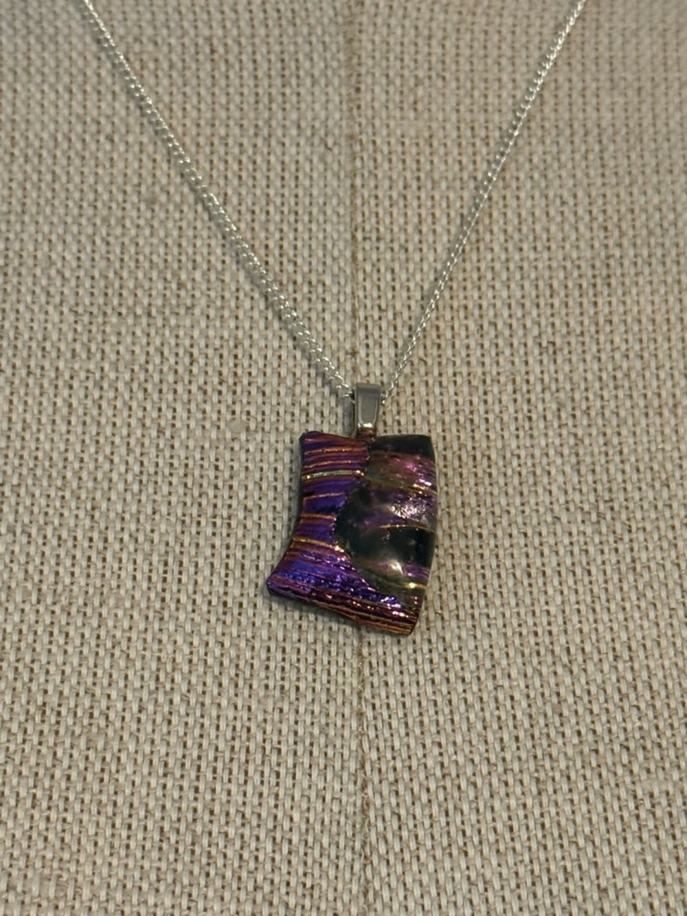 Iridescent Purple Glass Pendant Necklace on Silver Chain